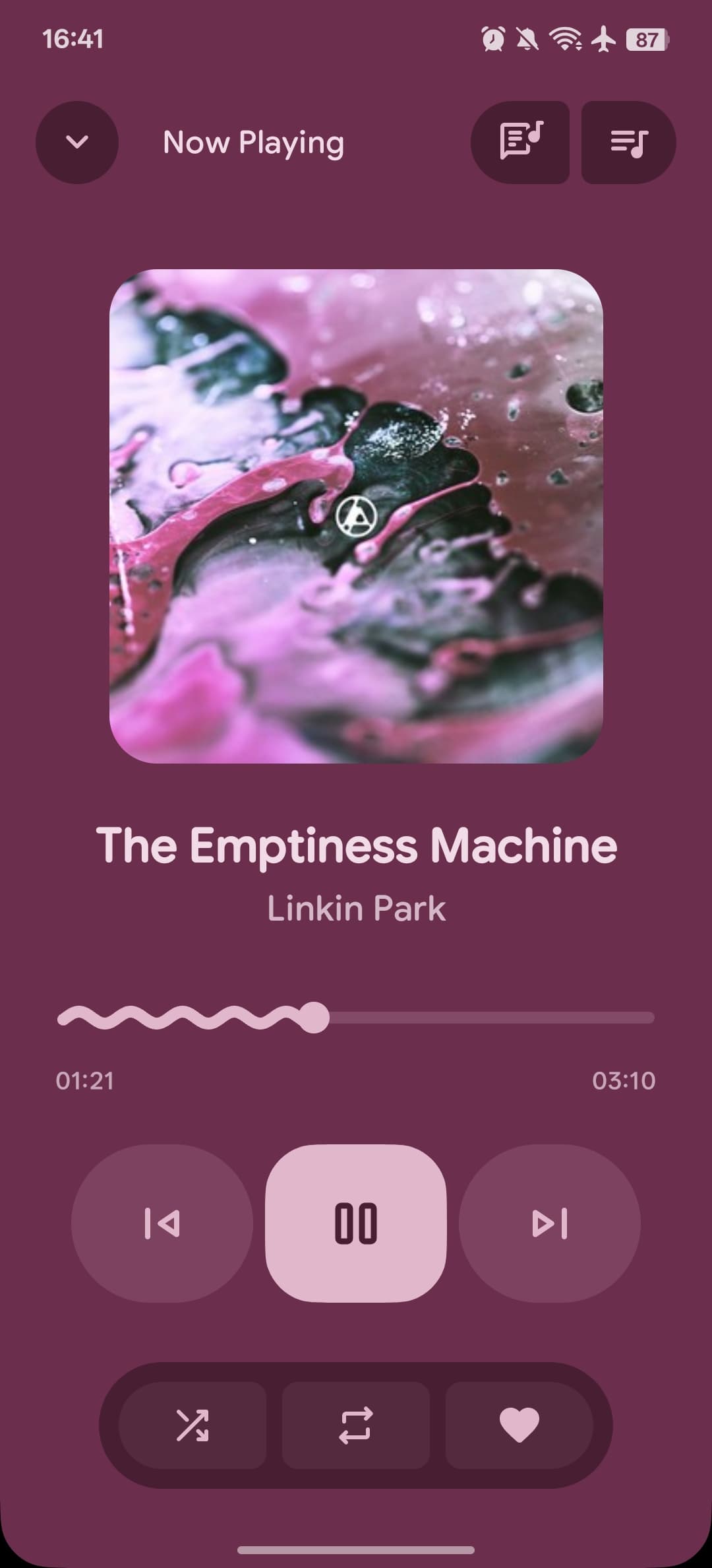 Aro’s artwork-colored player playing The Emptiness Machine by Linkin Park